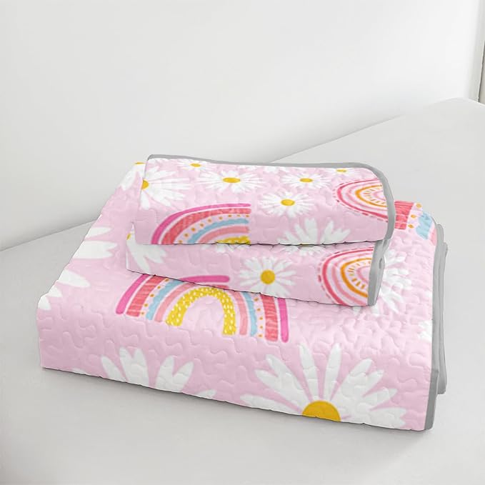 QOOMO Rainbow Quilt Set King Size,Daisy Bedspread Coverlet Set,Pink 3Pcs Bedding Set Printed Quilt with 2 Pillowcases,Soft and Lightweight,for All Seasons