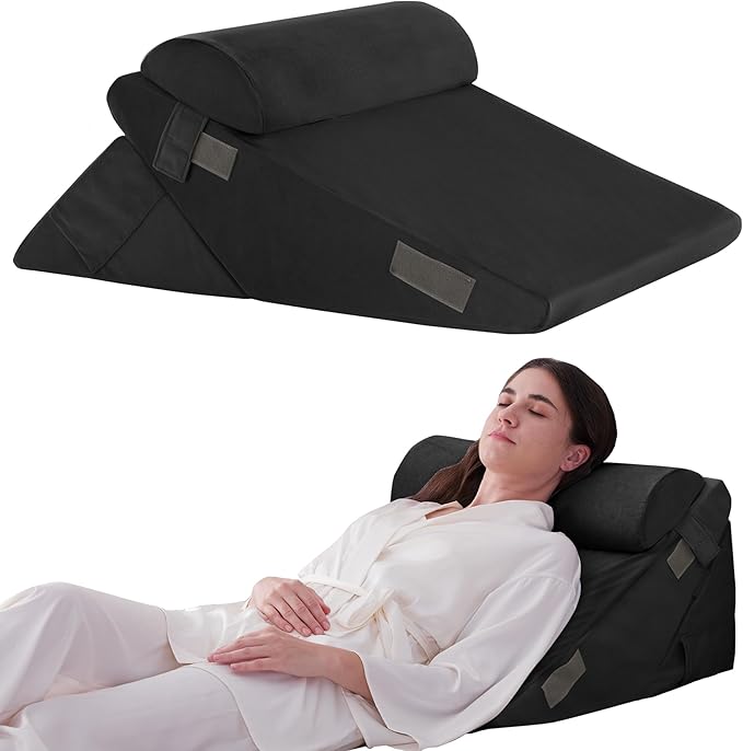 3PCS Wedge Pillow Set for After Surgery, Adjustable 9&12 Inch Bed Wedge Pillow for Sleeping, Incline Pillow Wedge for Headboard, Post Surgery, Acid Reflux, Neck&Back Support, Plush Black