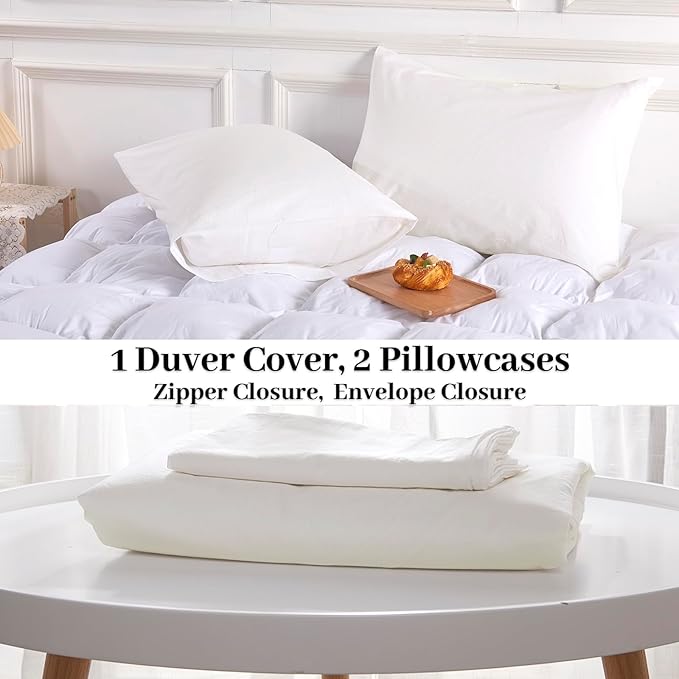 NEXHOME PRO Cotton Duvet Cover Queen Size White, Organic Natural Linen Feel 100% Washed Cotton 3 Pieces Bedding Set with Zipper Closure & Corner Ties, Breathable(No Comforter)
