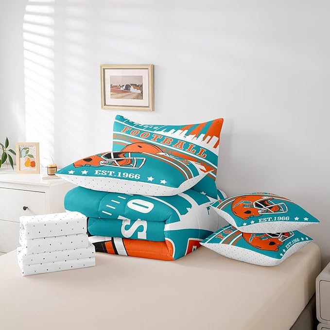 Erosebridal Queen Kids Comforter for Sports Fans Football City Bedding Sets, 7Pcs Sports Helmets Rugby Decor Comforter + Flat Sheet + Fitted Sheet + 2 Pillowcases + 2 Throw Pillow Covers