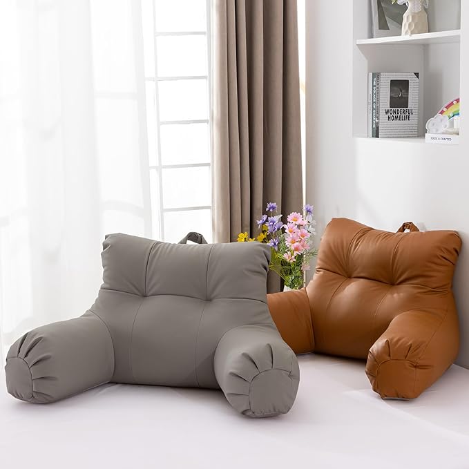 A Nice Night Faux Leather Reading Pillow for All Season,Wedge Bedrest Pillow Backrest with Arms Back Support for Sitting Up in Bed/Couch,Grey