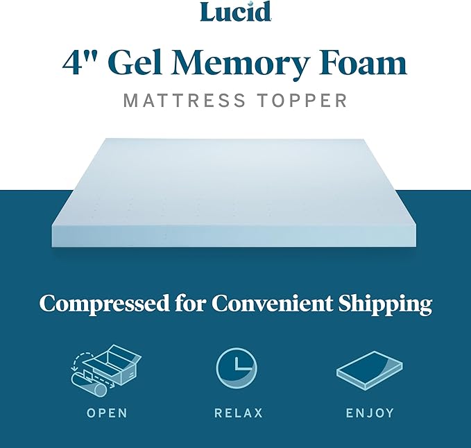 Lucid 4 Inch Memory Foam Mattress Topper, California King Size – Cooling Gel Bed Topper – Preassure-Relieving Ultra Plush Feel – Ventilated Breathable Design – CertiPur Certified - Dorm Essentials