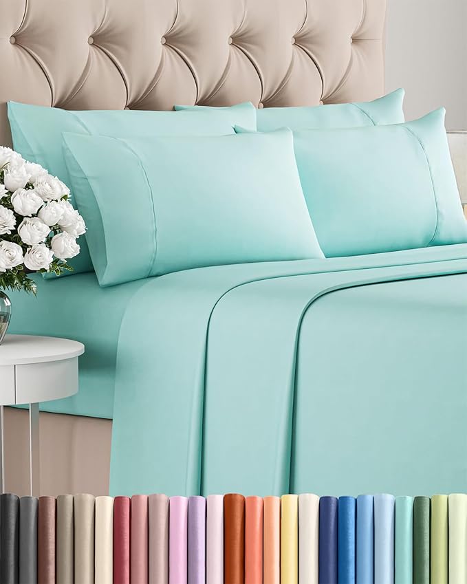 Full 6 Piece Sheet Set - Comfy Breathable & Cooling - Ultra Soft Hotel Luxury Bedding Set w/ 8-16 Inch Deep Pockets - 1 Flat & 1 Fitted Sheet & 4 Pillowcases - Wrinkle Free and Easy Care - Spa Blue