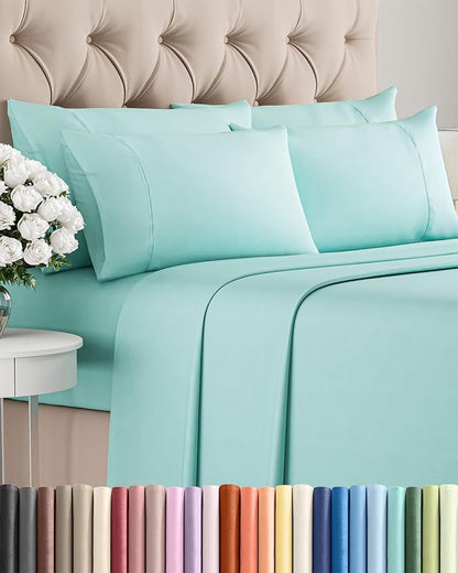King Sheets Set 6 Piece - Includes 4 Pillowcases - Bed Sheets King Size - Soft Hotel Luxury Bedding - Cooling, Comfy, Cozy & Breathable - 1 Flat & 1 Fitted & 4 Pillowcases w/ Deep Pockets - Spa Blue