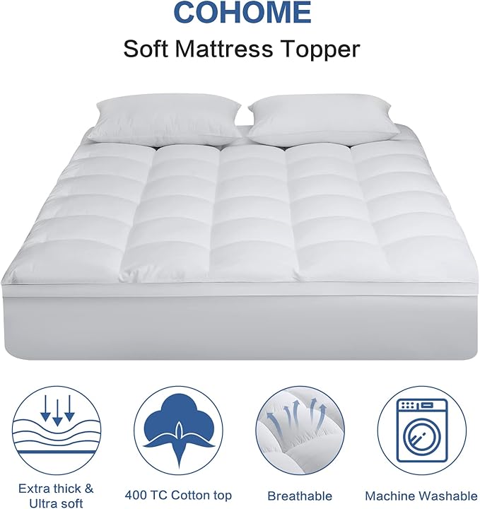 COHOME Twin XL Mattress Topper Extra Thick Cooling Mattress Pad 400TC Cotton Top Plush Down Alternative Fill Pillow Top Mattress Cover with 8-21 Inch Deep Pocket (39x80 Inches, White-Classic)