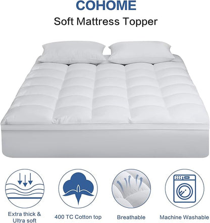COHOME Twin XL Mattress Topper Extra Thick Cooling Mattress Pad 400TC Cotton Top Plush Down Alternative Fill Pillow Top Mattress Cover with 8-21 Inch Deep Pocket (39x80 Inches, White-Classic)