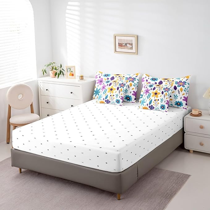 Feelyou Cute Flower Comforter Set with Sheets King Cute Flower Floral 7 Piece Bedding Set for Kids Girls Teens Toddler Cartoon Floral Bed in a Bag Yellow Purple Bed Set