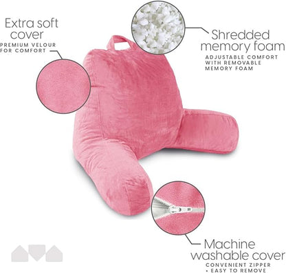 Milliard Reading Pillow with Arms, Pink, Cozy Shredded Memory Foam Back Pillow for Bed Sitting Up - Sit Up Backrest Support for Reading & Rest Bed - Washable Cover, Adjustable Comfort, CertiPUR