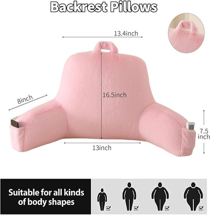 Reading Pillow for Sitting in Bed, Large Backrest Reading Pillow with Arm Rest,Back-Rest Support Cushion for Sit Up on Couch, Sofa, and Floor, Dorm Essentials (Pink Faux Fur, Standard(17"))