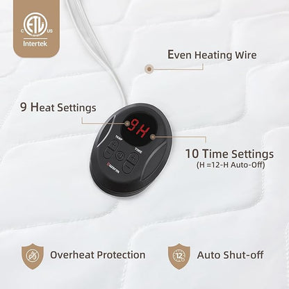 Bwarm Premium Quilted Heated Mattress Pad Twin Size, 39" x 75" Bed Warmer, 9 Heat Settings, 1-12 Hours Auto Off, Soft and Cozy, Deep Pocket, Fast Heating, Machine Washable