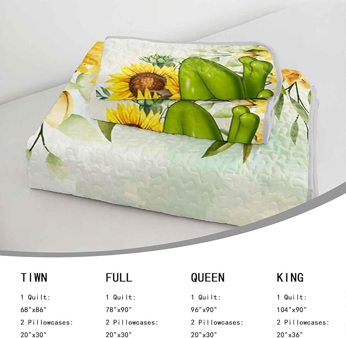AILONEN Soft Quilt Set Full Size,Sunflower Frog Bedspread Coverlet with 2 Pillowcases,3-Piece Yellow Green Lightweight Bed Cover