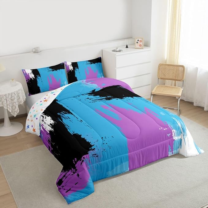 Feelyou Abstract Comforter Modern Abstract Art Comforter Set for Boys Girls Children Purple Blue Black Pattern Bedding Set Room Decor Full Size Duvet Set 3Pcs