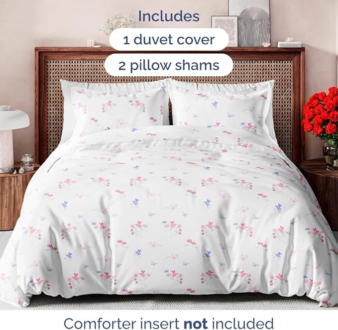 Duvet Cover King Size Set - Extra Soft Floral Duvet Cover 104 x 90 with 2 Pillow Shams - Comfy, Breathable Floral Bedding Set - Hotel Luxury Easy-Care and Fade Free with Zipper Closures & Ties - Posy