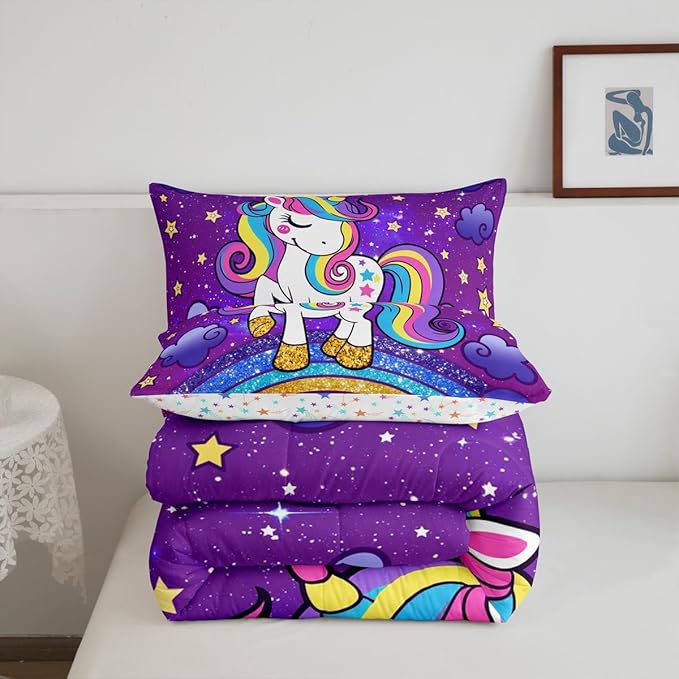 Feelyou Unicorn Bedding King Bed Sets for Girls Purple Cute Unicorn Comforter for Girls Comforter Set Star Print Kawaii Duvet Quilt Bedroom Decor Rainbow Bedding Cartoon Quilt,All Season