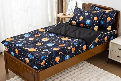 Holawakaka Kids Zipper Bedding Galaxy Comforter Set, Boys Girls Twin Size Outer Space Stars Planet Print Zippered Bed Sets, Child Cartoon Dorm Zip Bedding