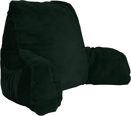 Home Soft Things Fox Faux Fur Bedrest Reading Pillow with Handle and Side Pocket, Backrest Armrest Pillow Chair Back Support for Sitting up in Bed, Pirate Black, 20" x 18" x 17"