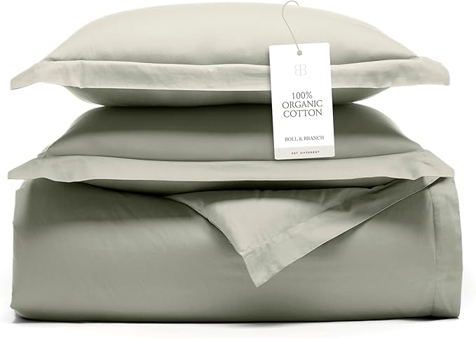 BOLL & BRANCH Signature Hemmed Duvet Set - Twin/Twin XL, Sageleaf - Luxury 100% Organic Cotton - 1 Duvet Cover, 2 Shams - Buttery Soft, Hidden Closures