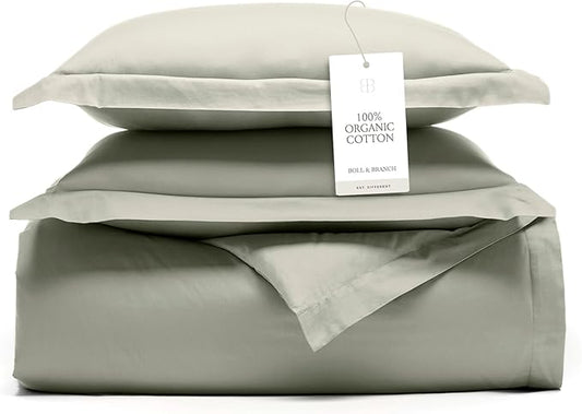 BOLL & BRANCH Signature Hemmed Duvet Set - Twin/Twin XL, Sageleaf - Luxury 100% Organic Cotton - 1 Duvet Cover, 2 Shams - Buttery Soft, Hidden Closures