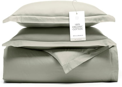 BOLL & BRANCH Signature Hemmed Duvet Set - King/Cal King, Sageleaf - Luxury 100% Organic Cotton - 1 Duvet Cover, 2 Shams - Buttery Soft, Hidden Closures