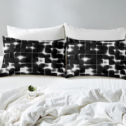 Castle Fairy Abstract Bedding Set King Size for Teens,3D Modern Cool Geometric Grid Square Comforter Cover with 2 Pillowcases,Shiny Gray Neon Light Black Duvet Cover Set Microfiber Quilt Cover