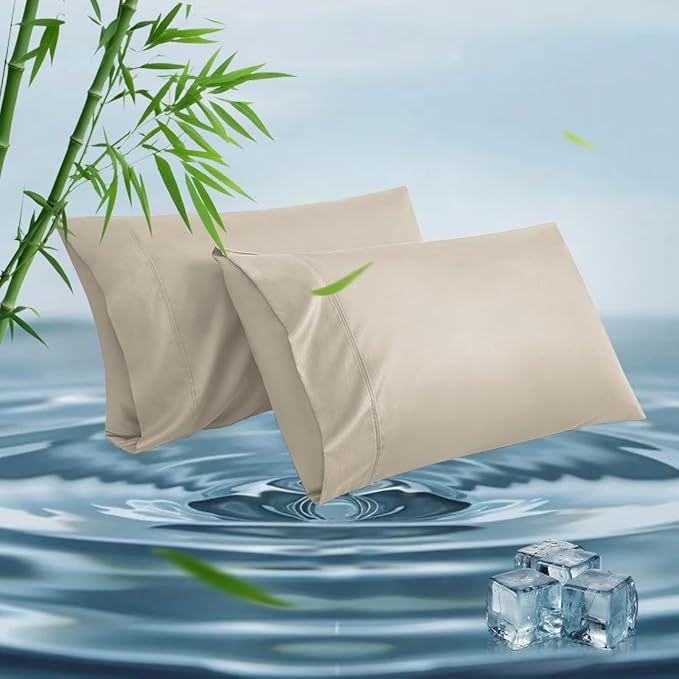 King Pillowcases, Cooling Viscose from Bamboo Pillow Covers with Envelope Closure, Soft Moisture-Wicking for Hot Sleepers, Hair and Skin-Friendly, Light Khaki, 2 Pack