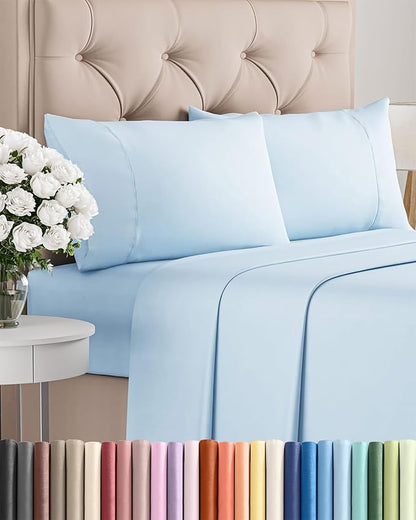Twin 4 Piece Sheet Set - Comfy Breathable & Cooling - Ultra-Soft Hotel Luxury Bedding Set with 8-16 Inch Deep Pockets - 1 Flat & 1 Fitted Sheet & 2 Pillowcases - Wrinkle Free & Easy Care - Baby Blue