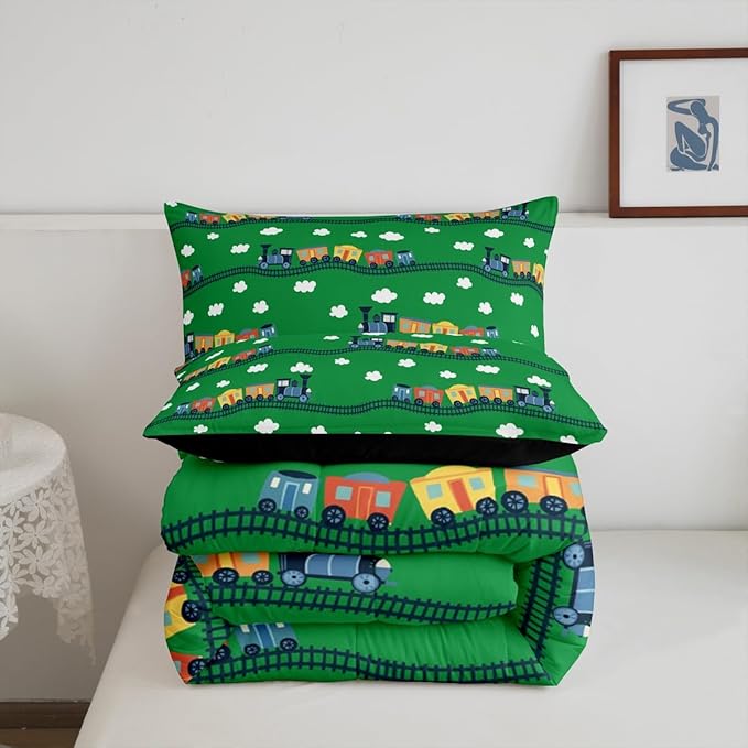 Erosebridal Locomotive Train Comforter Set King,Cartoon Steam Engine Truck Bedding Sets for Boys Girls Colorful Railway Car Vehicles Comforter with 2 Pillowcases