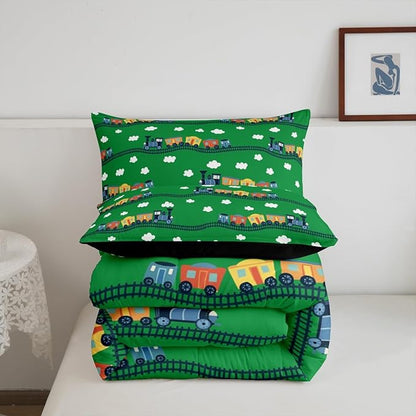 Erosebridal Locomotive Train Comforter Set King,Cartoon Steam Engine Truck Bedding Sets for Boys Girls Colorful Railway Car Vehicles Comforter with 2 Pillowcases