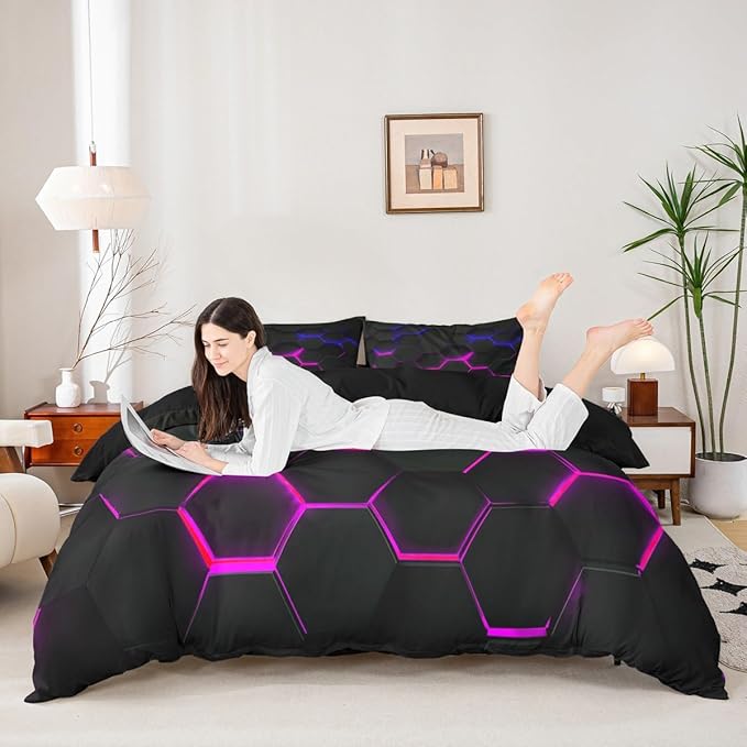 Castle Fairy 3D Honeycomb Duvet Cover Queen Size for Kids Hexagon Bedding Sets with 2 Pillowcase,Pink Blue Neon Lights Print Comforter Cover Teen Boys Girls Bedroom Decor Bed Cover 3 Piece,Black