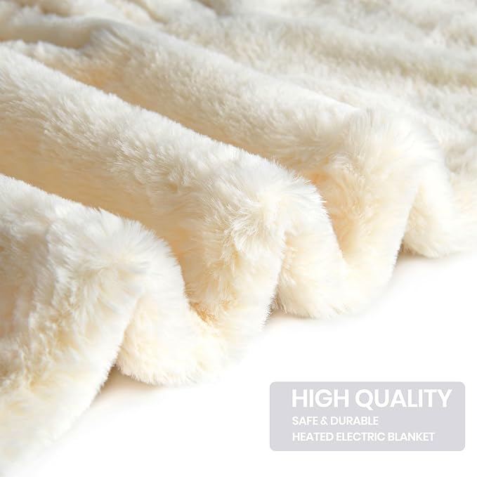 Premium Heated Throw Blanket 50"×60" - Ultra Cosy Soft Electric Blanket with 8 Heating Levels,Plush Fast Heating Faux Rabbit Fur Blanket for Bed & Couch - Auto Shut Off,Machine Washable (Beige)