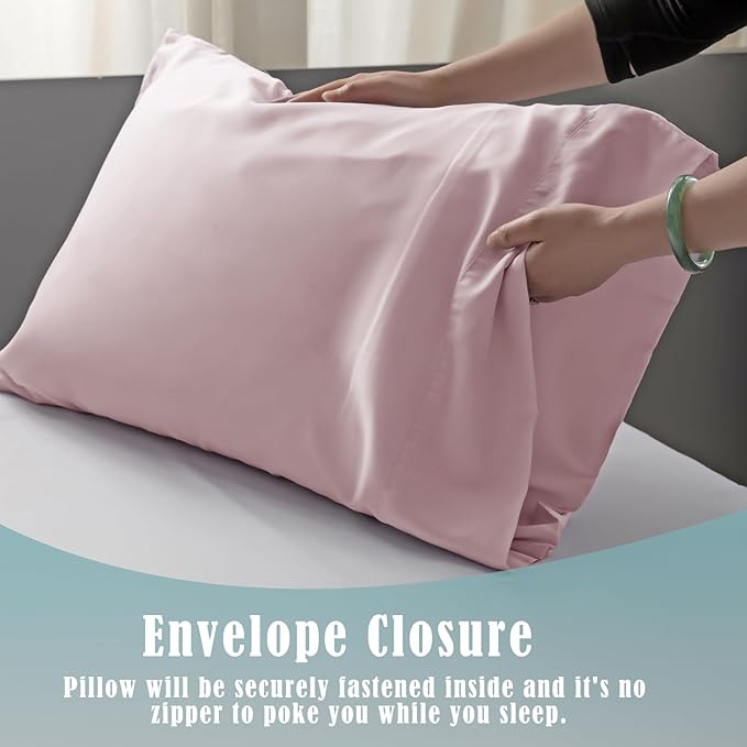 TELUS Pillow Cases Standard Size 2 Pack, Bamboo Rayon & Lyocell Pillowcase with Envelope Closure, Cooling Breathable Pillow Cover for Hot Sleeper & Night Sweats, 20x26 inch, Light Pink