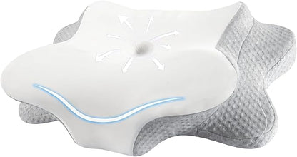 Cervical Neck Pillow for Sleeping, Dual Height Contour Memory Foam Pillow for Neck Pain Relief & Support, Orthopedic Butterfly Pillow for Side, Back & Stomach Sleepers – Cooling Washable Cover