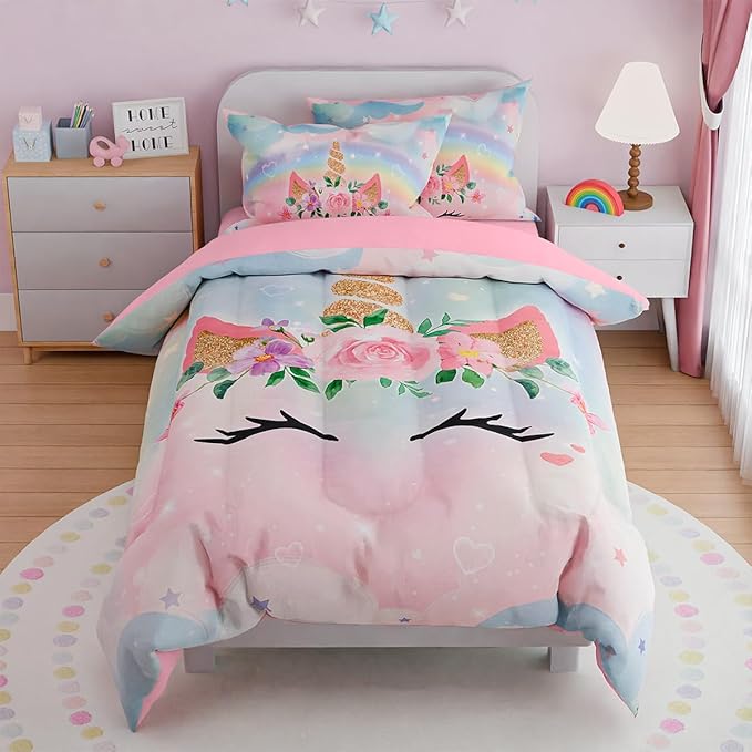 SANDJEST Unicorns Bedding Set for Girls Kids Teen Tween, Ultra Soft Microfiber Comforter Set Twin Size with 3-Pieces, Comforters Bed Sets Bedroom Decor