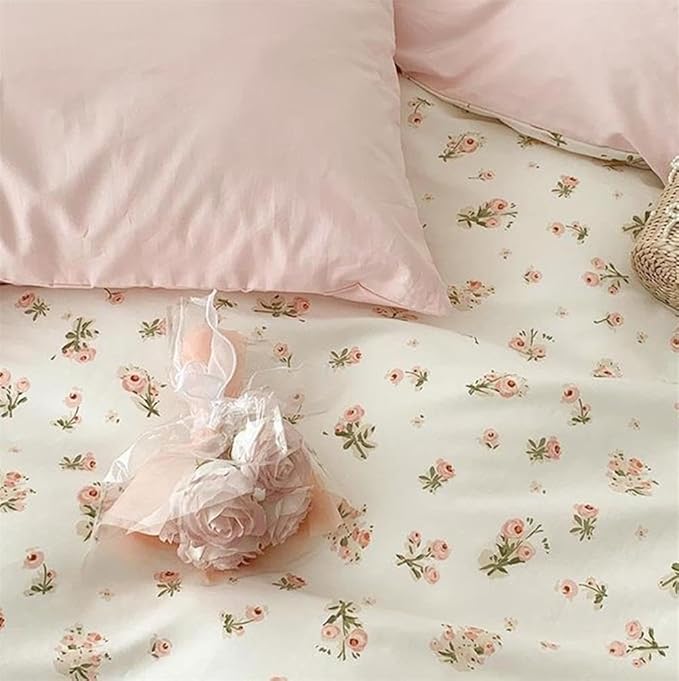 Pink Floral Duvet Cover Full Size Romantic Flower Green Botanical Bedding Set 3Pcs Kids Boys Girls Spring Garden Aesthetic Flowers Soft Breathable Microfiber Comforter Cover with 2 Pillowcases