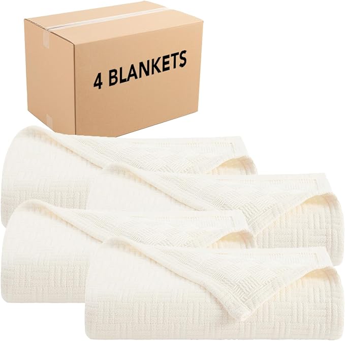 Arkwright Basket Weave Twin Blanket - Case of 4-100% Ringspun Cotton All Season Blankets, Luxury Hotel Quality, Soft on Skin, Breathable, 300 GSM for Bed, Sofa, and Chair, 68 X 90 in, Ivory