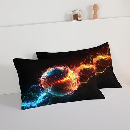 HOSIMA Baseball Comforter,Flame Lightning Bed in a Bag Queen Comforter Set Sports Themed Bedroom Decor,Dorm Room Essentials for College Students Boys Soft Microfiber Black Comforter.
