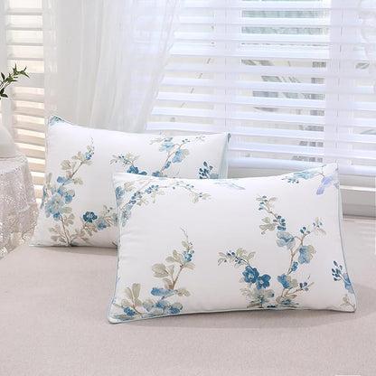 URBONUR Blue Floral Duvet Cover Set Queen Size 100% Cotton 3 Pieces Bedding Comforter Cover with Button Closure Birds on White Comforter Cover Sets, Soft Cooling Bedding Queen