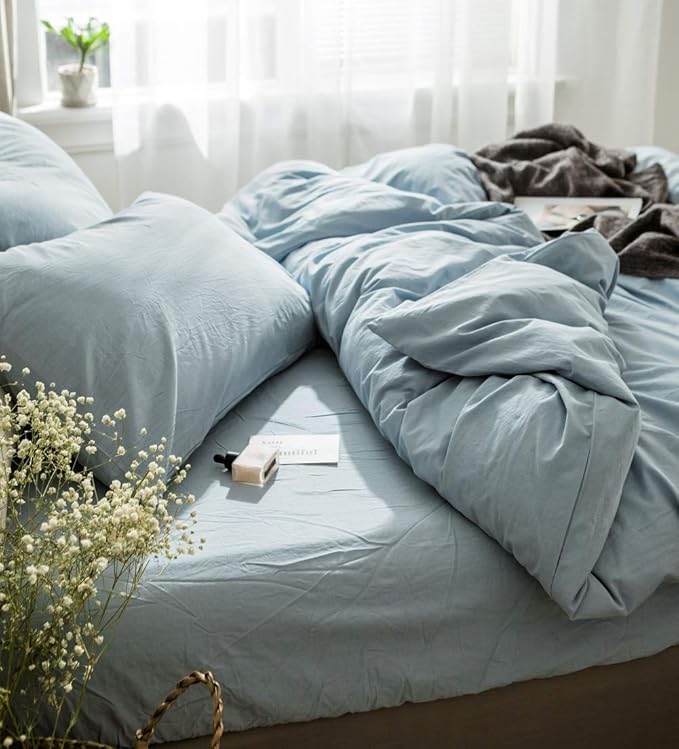 Light Blue Duvet Cover King, 100% Washed Cotton Linen Like Textured Solid Casual Modern Style Light Blue Bedding Set, with Zipper Closure, Luxury Soft Relaxed Feel Natural Wrinkled Comfy (3pcs, King)