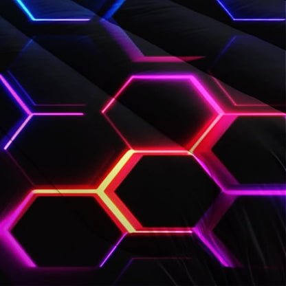 Hexagon Geometric Comforter Set Honeycomb Bedding Sets,Blue Neon Gamer Comforter Sets for Boys Men Kids Room Decor,Full Size Bedding Comforter Sets with 2 Pillowcases.