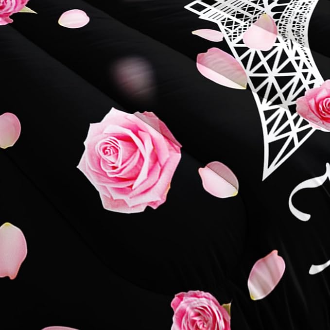 Eiffel Tower Comforter Set Full Size Girls Pink Rose Paris Bedding Set Romantic Theme Decor Adult Women Couple Quilted Bed Set with 1 Comforter and 2 Pillowcases