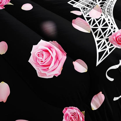 Eiffel Tower Comforter Set Full Size Girls Pink Rose Paris Bedding Set Romantic Theme Decor Adult Women Couple Quilted Bed Set with 1 Comforter and 2 Pillowcases