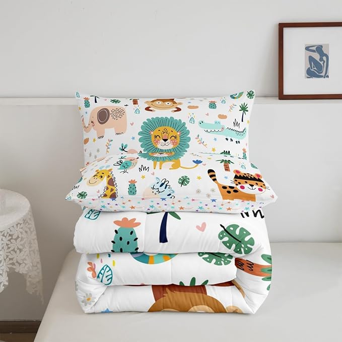 Feelyou Cartoon Jungle Animals Bedding Set King Size Kids Safari Zoo Animals Comforter Sets Lion Tiger Monkey Giraffe Quilt for Boys Girls Teens Child Toddler Bed Set 1 Comforter 2 Pillowcases