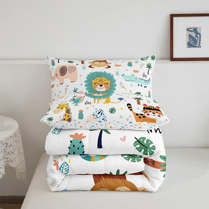 Feelyou Cartoon Jungle Animals Bedding Set Queen Size Kids Safari Zoo Animals Comforter Sets Lion Tiger Monkey Giraffe Quilt for Boys Girls Teens Child Toddler Bed Set 1 Comforter 2 Pillowcases