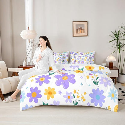 Feelyou Cute Flower 7 Piece Bedding Set Queen Size Kids Cartoon Cute Floral Bed in a Bag for Girls Teens Purple Yellow Comforter Set with Sheets Kawaii Bed Set