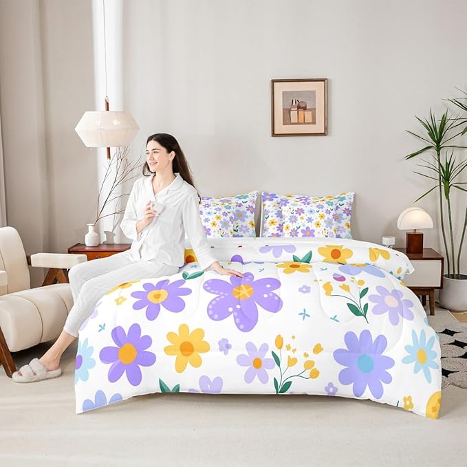 Feelyou Cute Flower 7 Piece Bedding Set King Size Kids Cartoon Cute Floral Bed in a Bag for Girls Teens Purple Yellow Comforter Set with Sheets Kawaii Bed Set