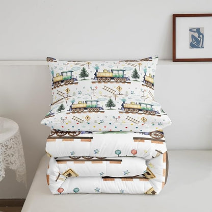 Erosebridal Watercolor Green Train Full Comforter Set Kids Cartoon Railway Bedding for Boys Toddler Gift, Cute Clouds Stars Transportation Theme Duvet Set with 2 Pillow Cases