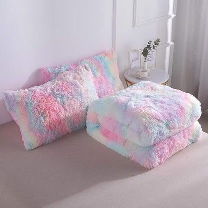 Wajade Faux Fur Plush Rainbow Comforter Set Fluffy Fuzzy Shaggy Bedding Set - 3PC King Size Microfiber Soft Warm Quilt Set