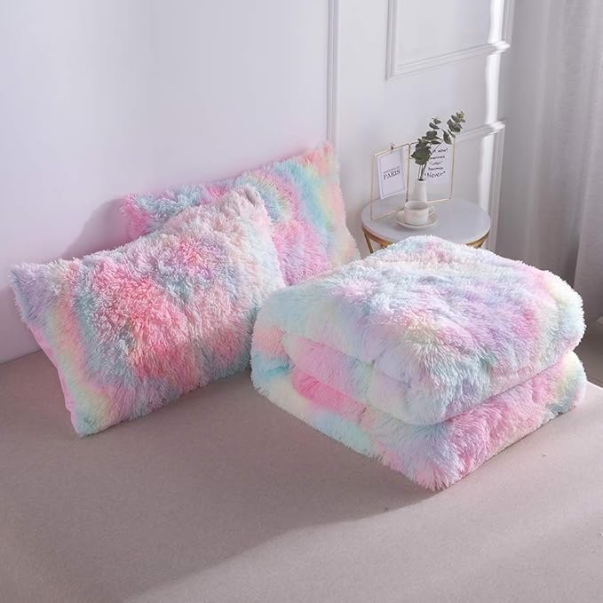 Wajade Faux Fur Plush Rainbow Comforter Set Fluffy Fuzzy Shaggy Bedding Set - 3PC Full/Queen Microfiber Soft Warm Quilt Set