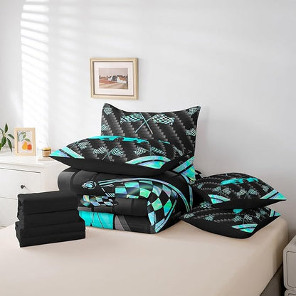 Feelyou Teal Race Car 7 Piece Bedding Set Full Size Extreme Sports Comforter Set with Sheets for Kids Teens Adult Fast and Furious Bed in a Bag Dazzling Flag Bed Set