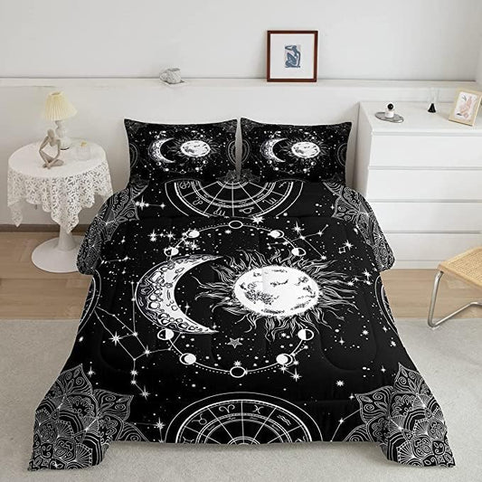 Sun and Moon Bedding Set Constellation Galaxy Comforter Set for Kids Boys Girls Teens Psychedelic Boho Mandala Comforter Breathable Celestial Duvet Set Black White Room Decor Quilt Cover King Size